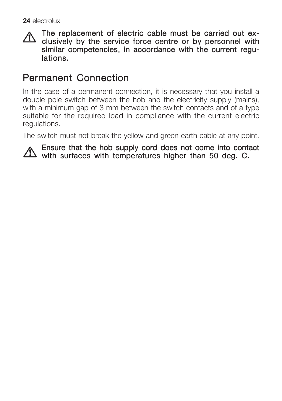 Permanent connection | Electrolux EHG 9832 User Manual | Page 24 / 36