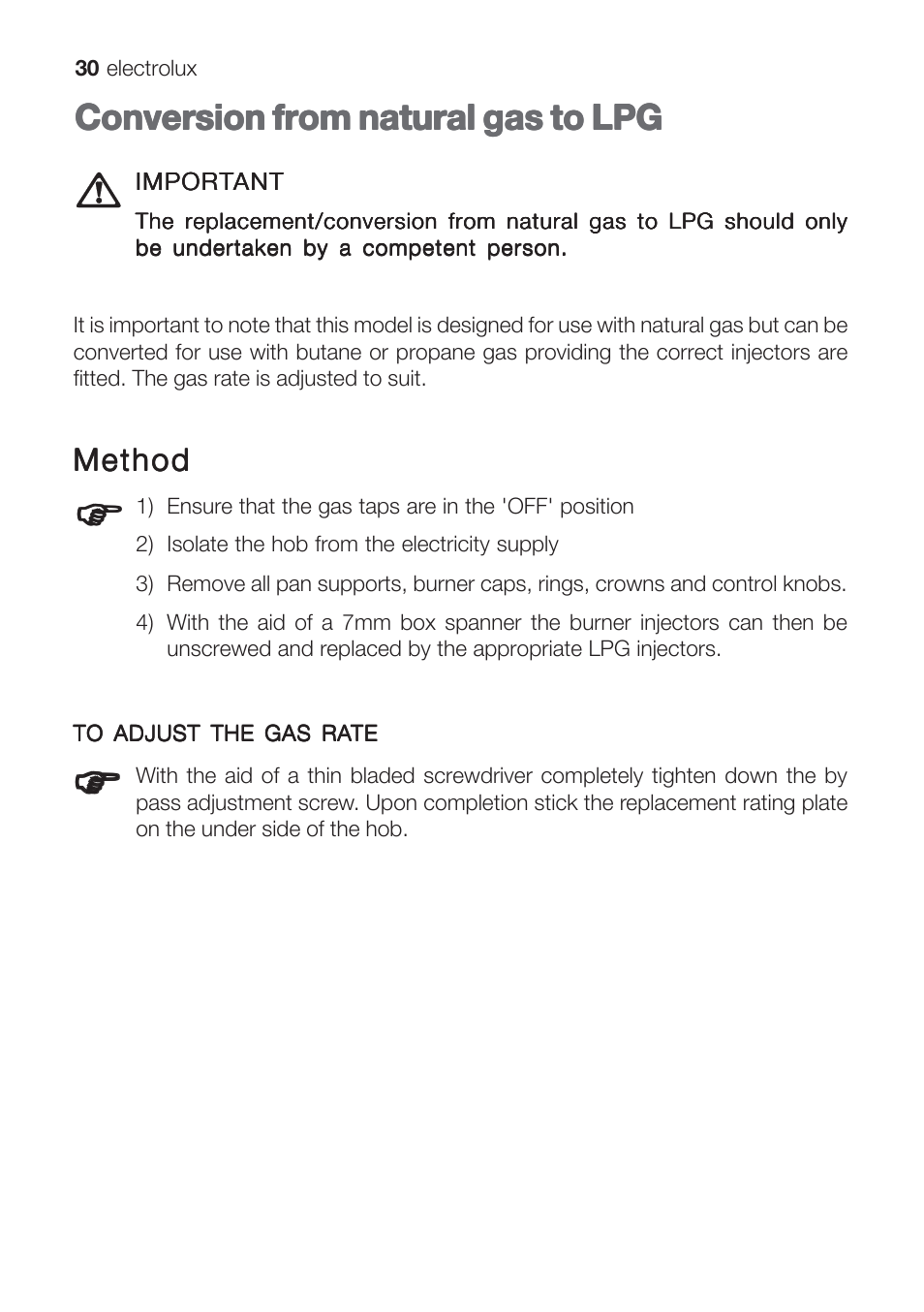 Conversion from natural gas to lpg | Electrolux EHG 9832 User Manual | Page 30 / 36