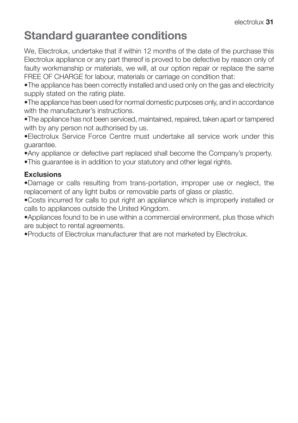 Standard guarantee conditions | Electrolux EHG 9832 User Manual | Page 31 / 36