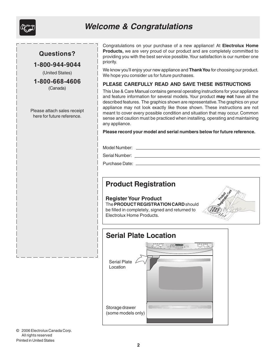 Product registration, Serial plate location | Electrolux Slide-In Models User Manual | Page 2 / 24