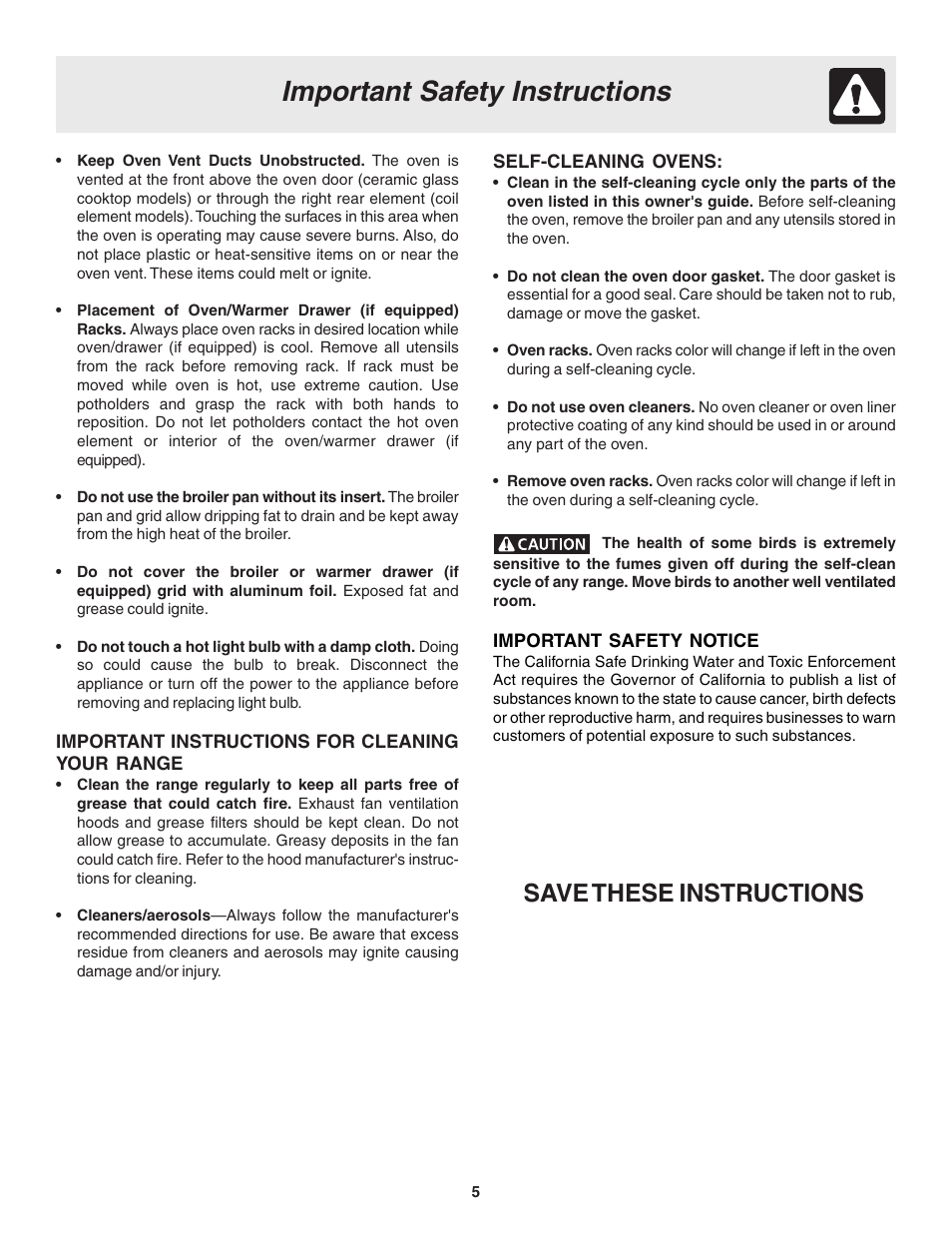 Important safety instructions, Save these instructions | Electrolux Slide-In Models User Manual | Page 5 / 24