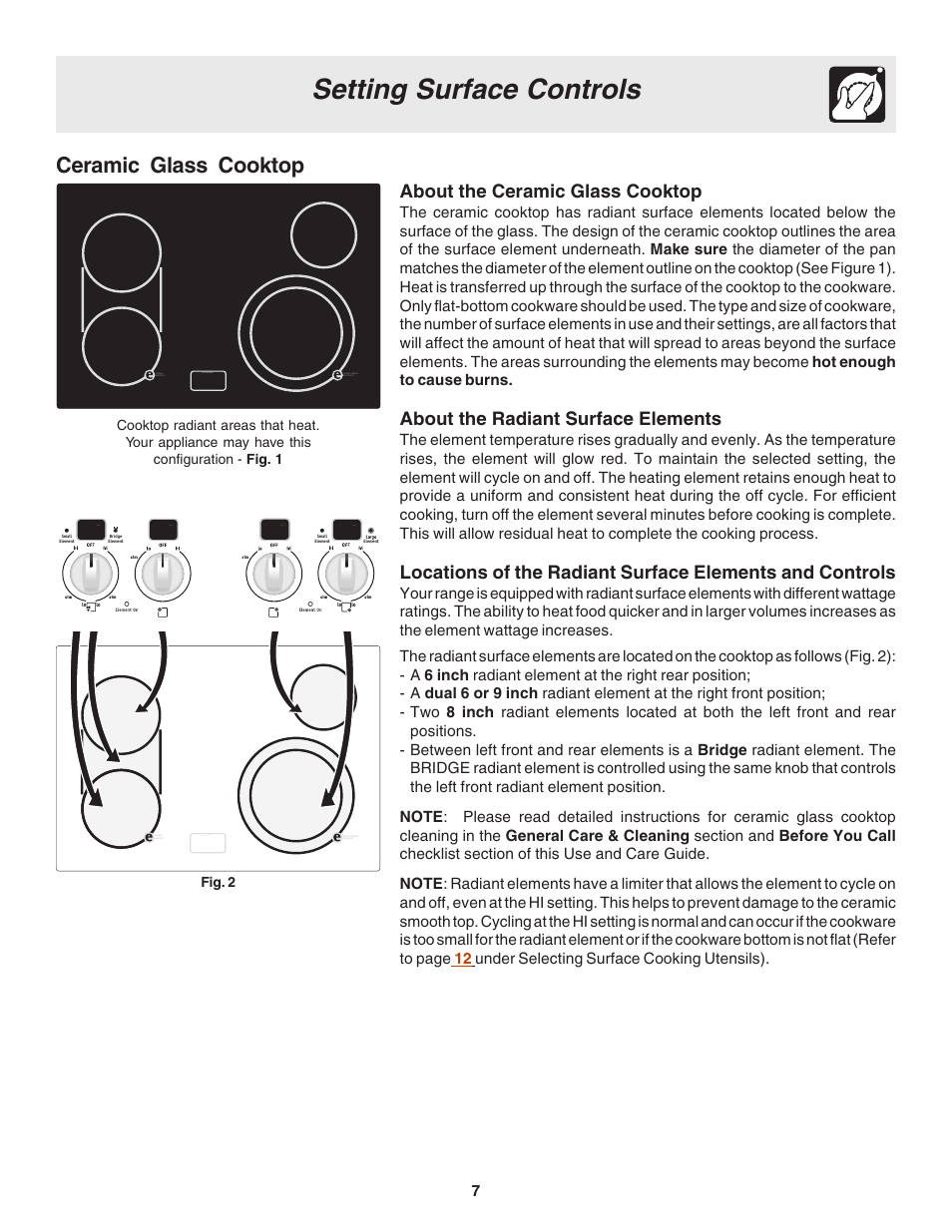 Setting surface controls, Ceramic glass cooktop, About the ceramic glass cooktop | About the radiant surface elements | Electrolux Slide-In Models User Manual | Page 7 / 24