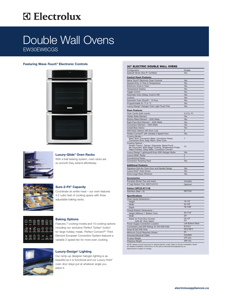 Electrolux Double Wall Ovens EW30Ew6CGS User Manual | 2 pages