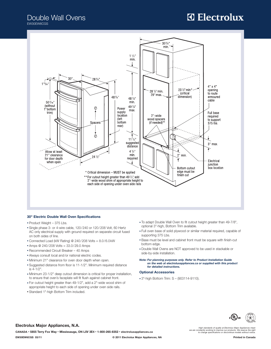Double wall ovens, Electrolux major appliances, n.a | Electrolux Double Wall Ovens EW30Ew6CGS User Manual | Page 2 / 2