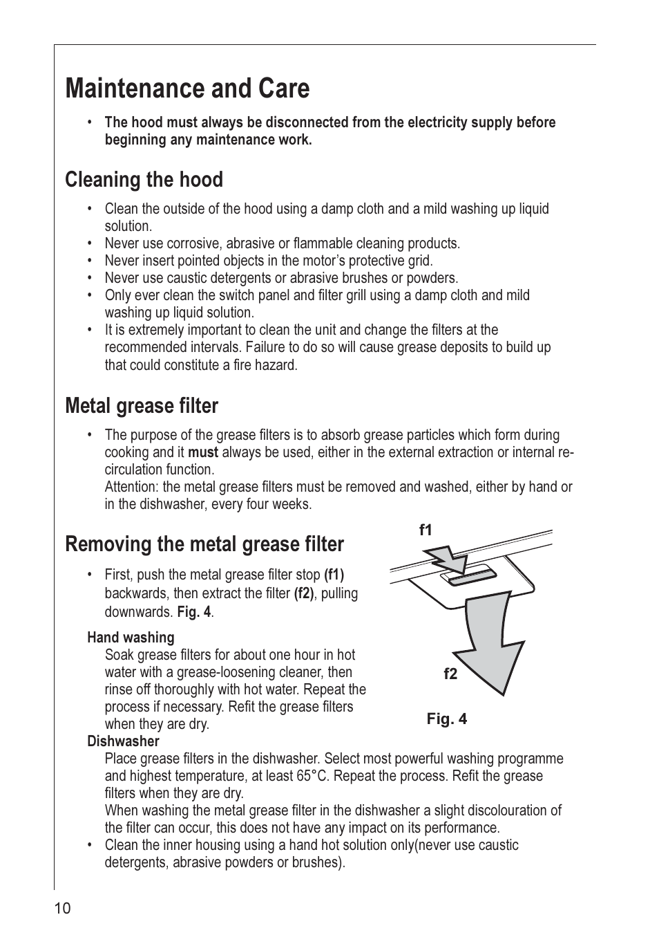 Maintenance and care, Cleaning the hood, Metal grease filter | Removing the metal grease filter | Electrolux HD 8960 User Manual | Page 10 / 20