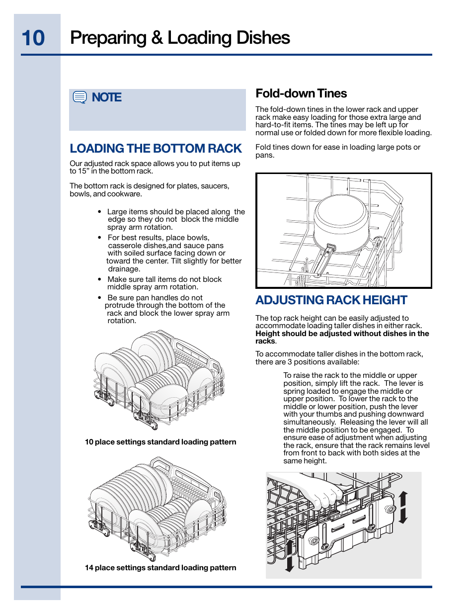 Preparing & loading dishes, Loading the bottom rack, Fold-down tines | Adjusting rack height | Electrolux EIDW6105 User Manual | Page 10 / 22