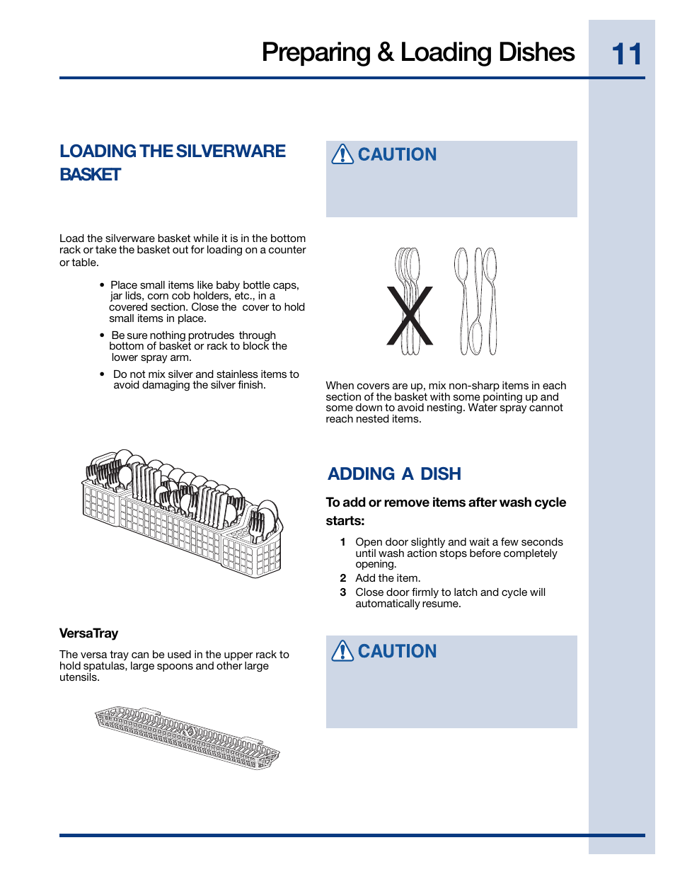 Preparing & loading dishes, Loading the silverware basket, Adding a dish | Electrolux EIDW6105 User Manual | Page 11 / 22