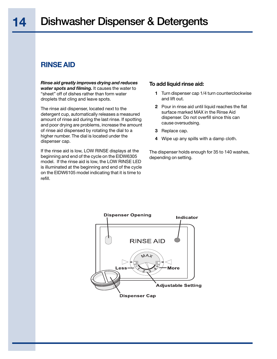 Dishwasher dispenser & detergents, Rinse aid | Electrolux EIDW6105 User Manual | Page 14 / 22