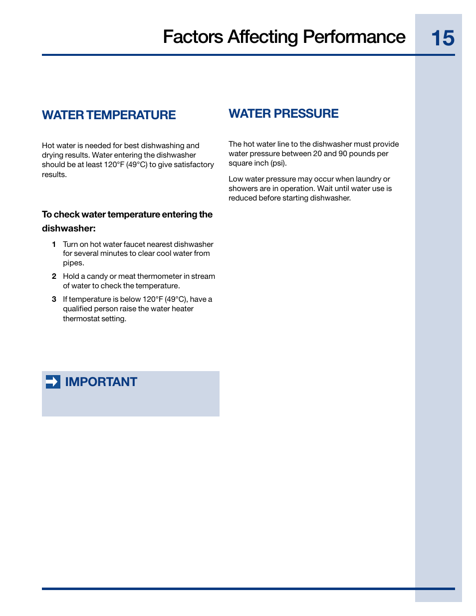 Factors affecting performance, Water pressure, Water temperature | Important | Electrolux EIDW6105 User Manual | Page 15 / 22