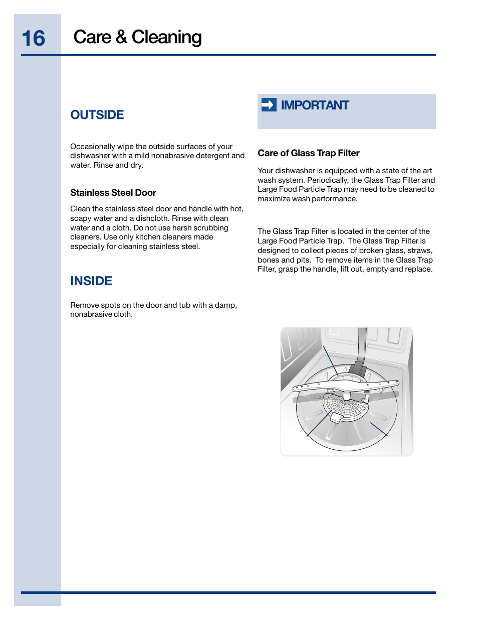 Care & cleaning, Outside, Important | Inside | Electrolux EIDW6105 User Manual | Page 16 / 22