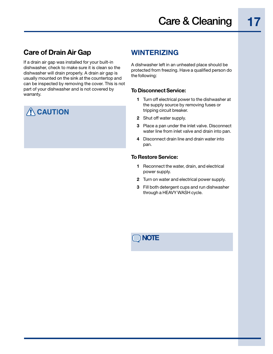 Care & cleaning, Care of drain air gap, Winterizing | Electrolux EIDW6105 User Manual | Page 17 / 22