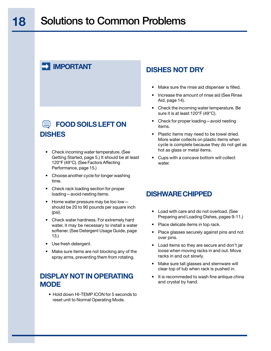 Solutions to common problems, Important, Food soils left on dishes | Dishes not dry, Dishware chipped, Display not in operating mode | Electrolux EIDW6105 User Manual | Page 18 / 22