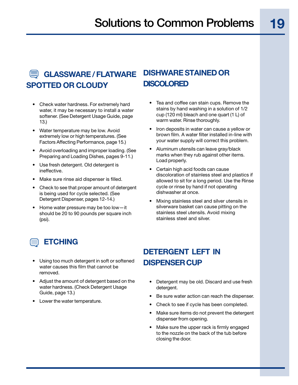 Solutions to common problems, Glassware / flatware spotted or cloudy, Dishware stained or discolored | Etching, Detergent left in dispenser cup | Electrolux EIDW6105 User Manual | Page 19 / 22