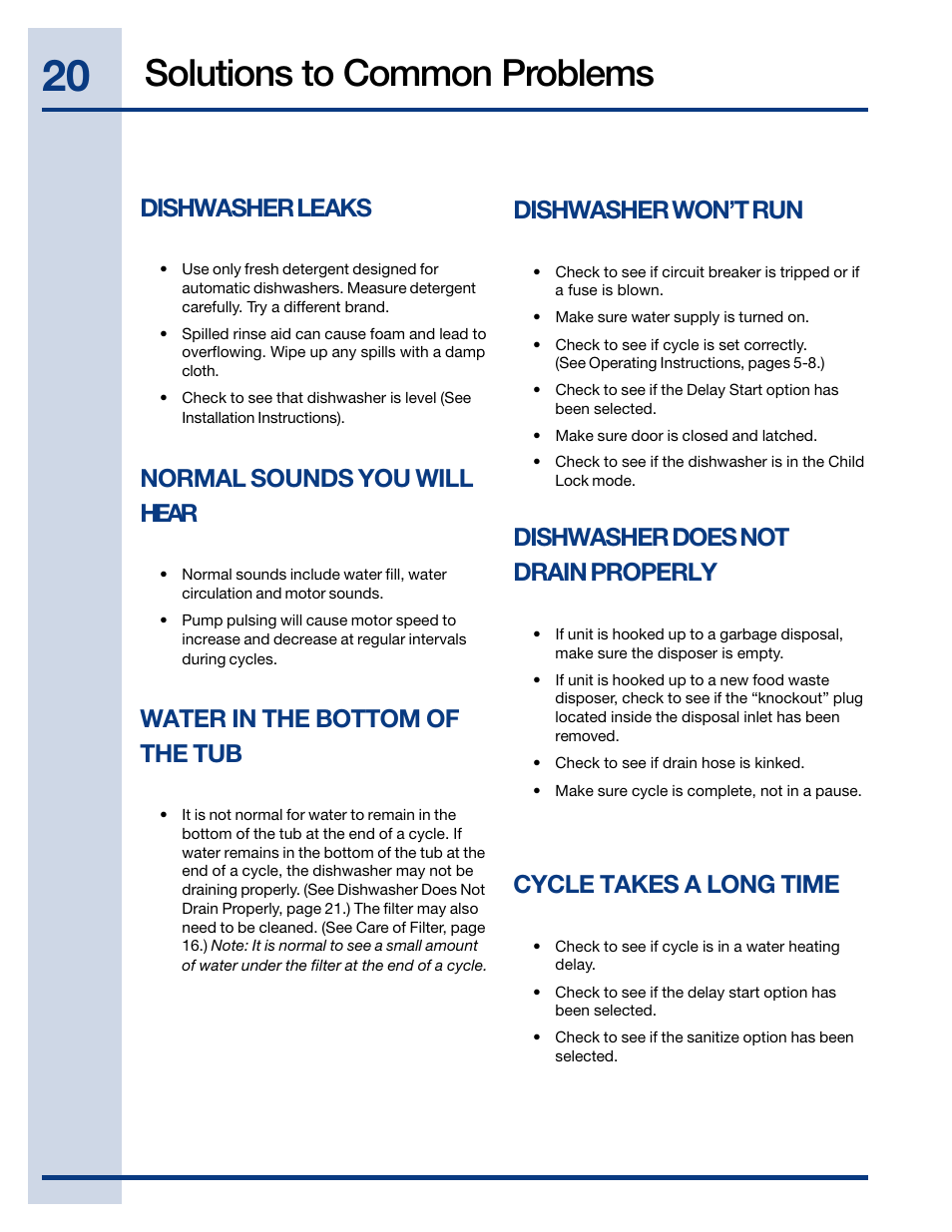 Solutions to common problems, Dishwasher leaks, Normal sounds you will hear | Water in the bottom of the tub, Dishwasher won’t run, Dishwasher does not drain properly, Cycle takes a long time | Electrolux EIDW6105 User Manual | Page 20 / 22