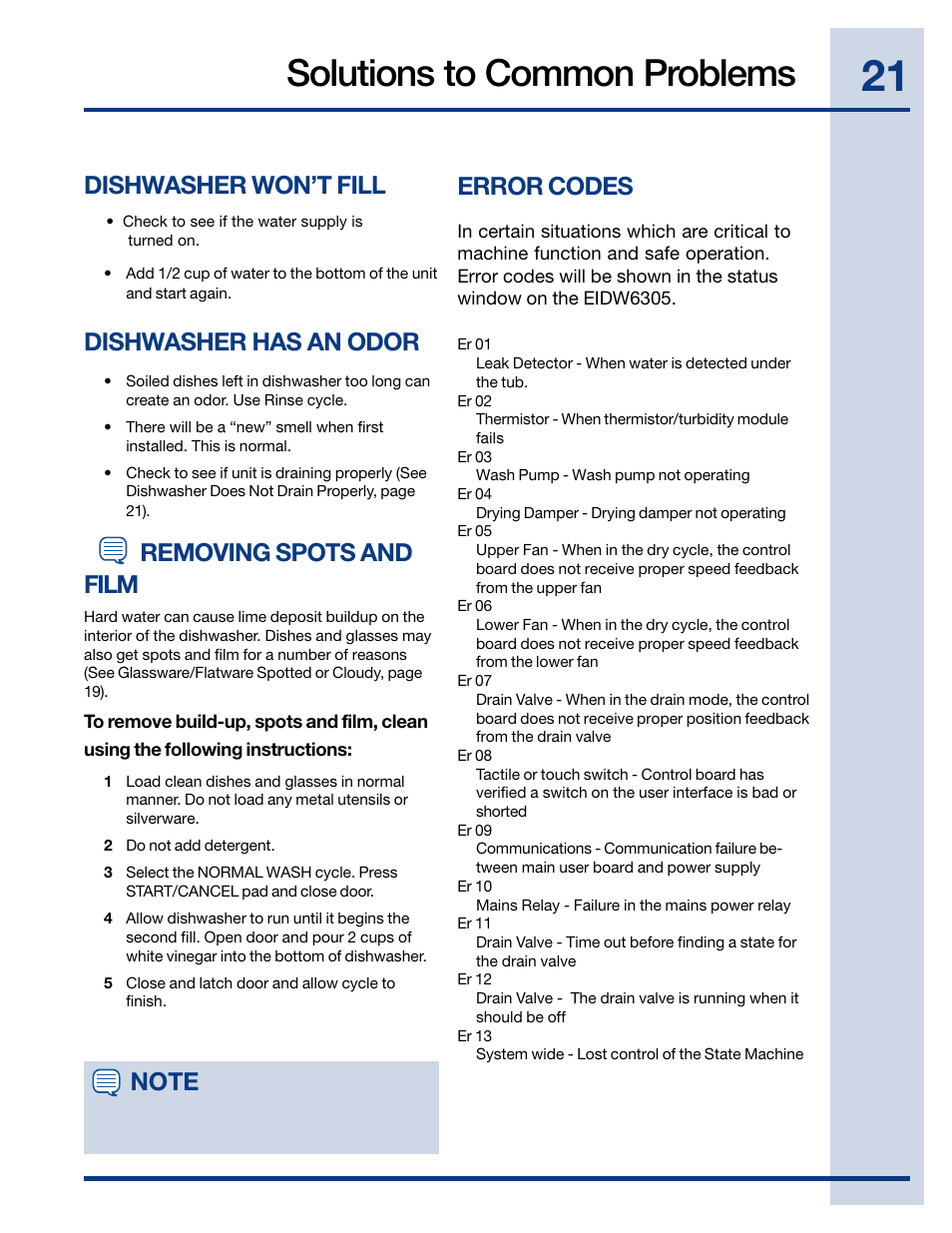 Solutions to common problems, Error codes, Removing spots and | Dishwasher has an odor dishwasher won’t fill film | Electrolux EIDW6105 User Manual | Page 21 / 22