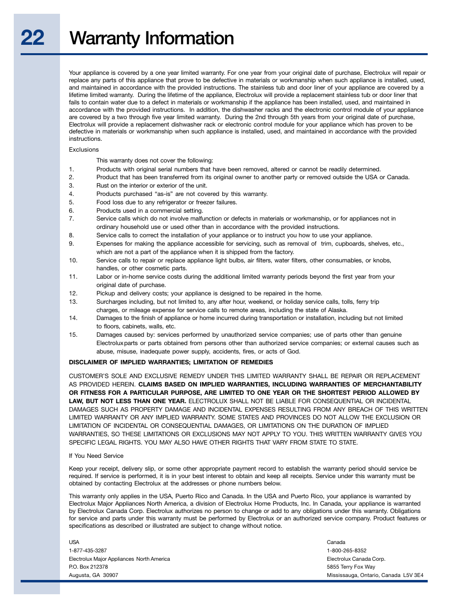 Warranty information | Electrolux EIDW6105 User Manual | Page 22 / 22