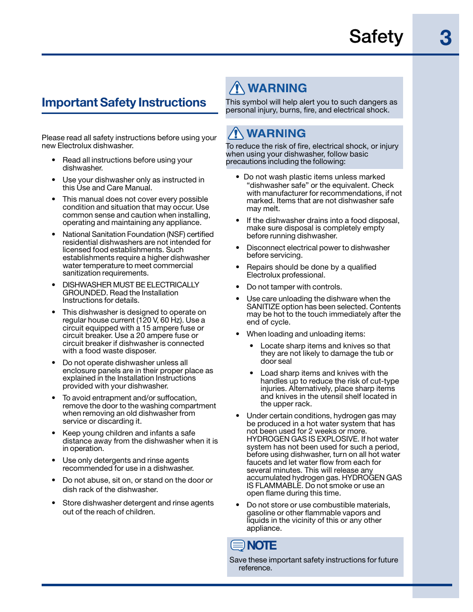 Safety, Important safety instructions | Electrolux EIDW6105 User Manual | Page 3 / 22