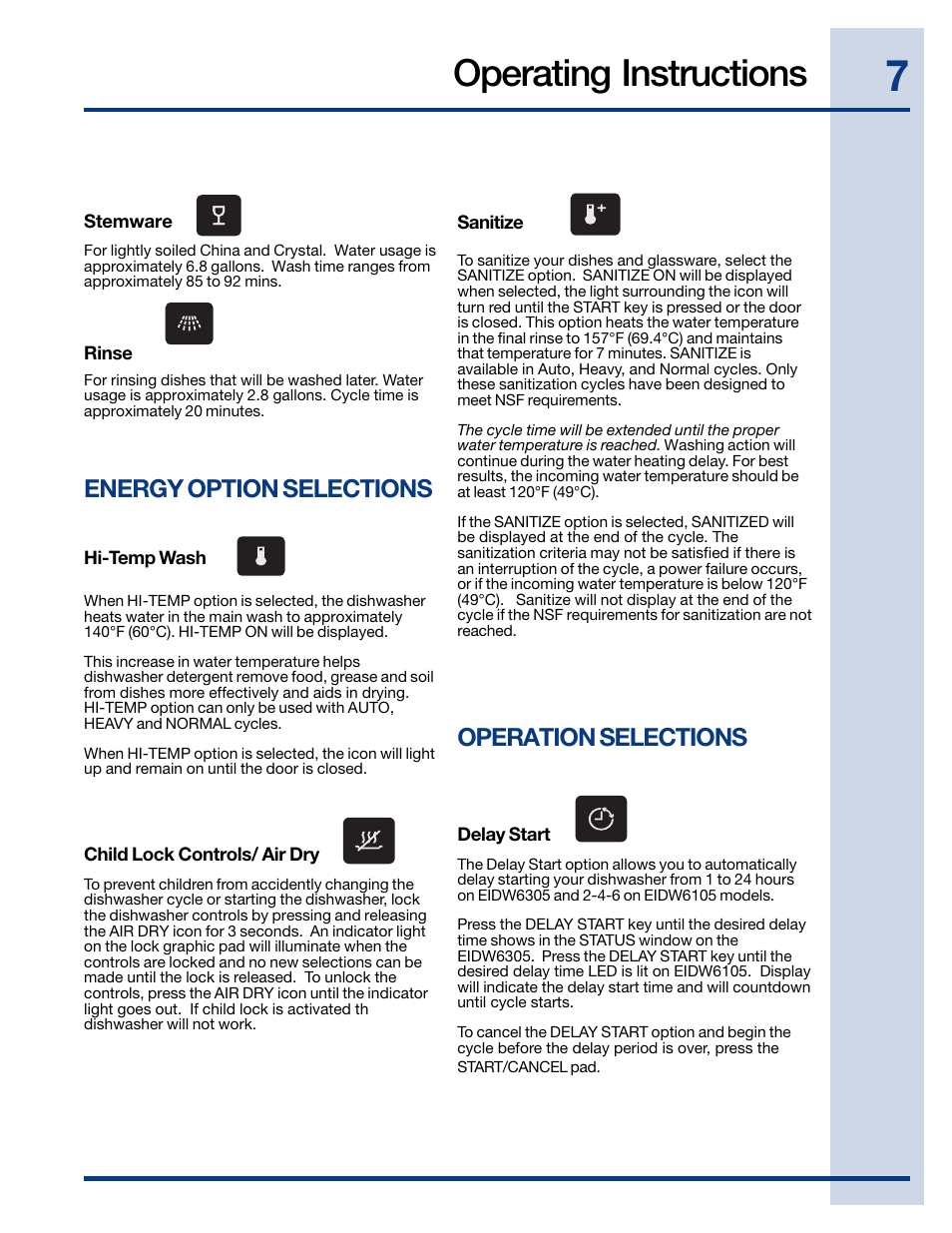 Operating instructions, Energy option selections, Operation selections | Electrolux EIDW6105 User Manual | Page 7 / 22