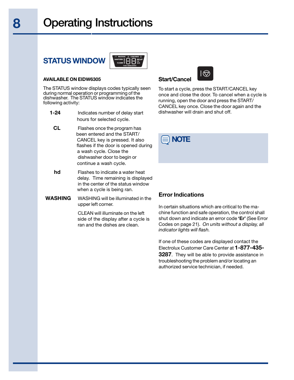 Operating instructions, Status window | Electrolux EIDW6105 User Manual | Page 8 / 22