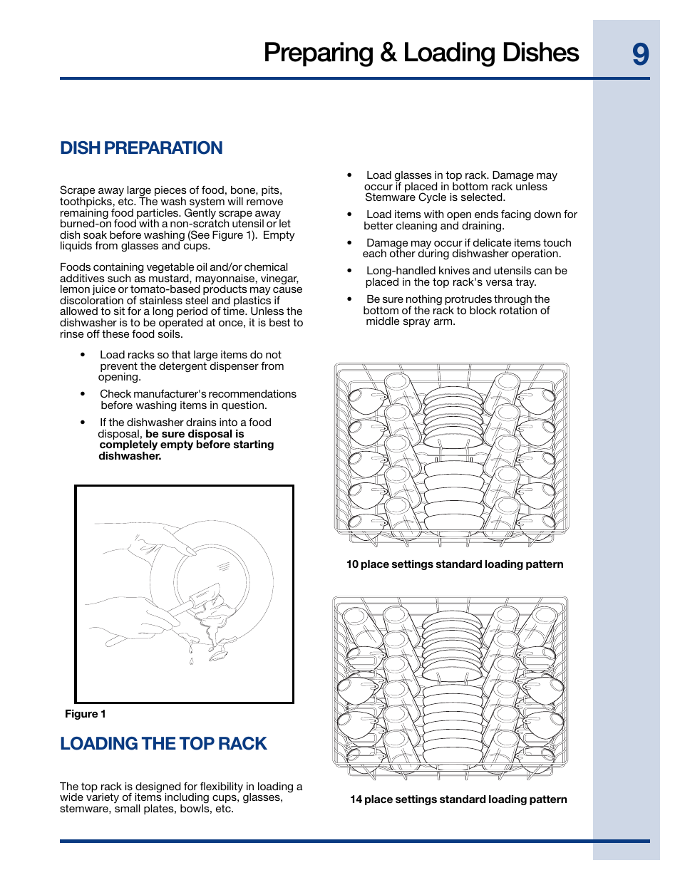 Preparing & loading dishes, Dish preparation, Loading the top rack | Electrolux EIDW6105 User Manual | Page 9 / 22