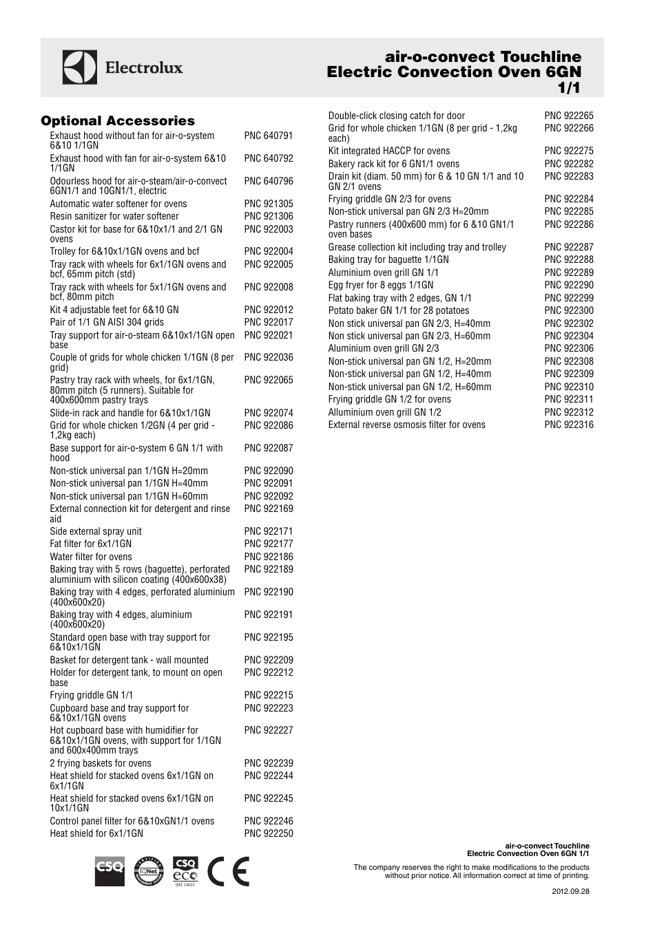 Optional accessories | Electrolux Air-O-Convect 6GN User Manual | Page 3 / 3