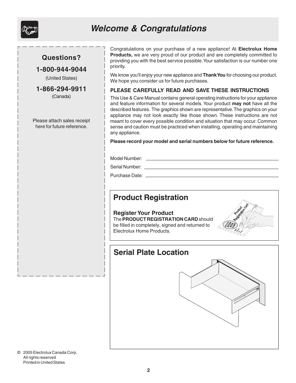 Product registration, Serial plate location | Electrolux Warm & Serve Drawer User Manual | Page 2 / 8