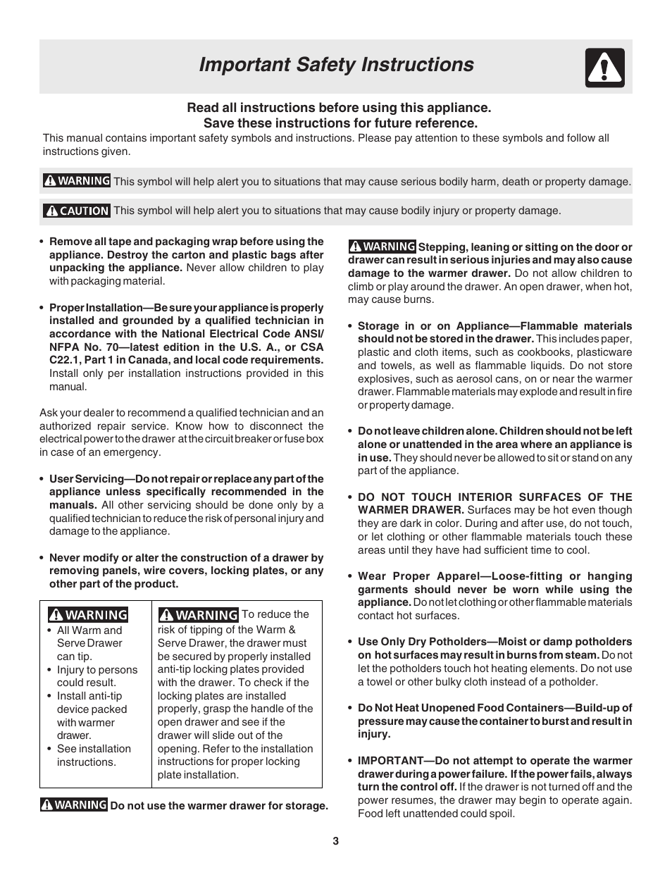 Important safety instructions | Electrolux Warm & Serve Drawer User Manual | Page 3 / 8