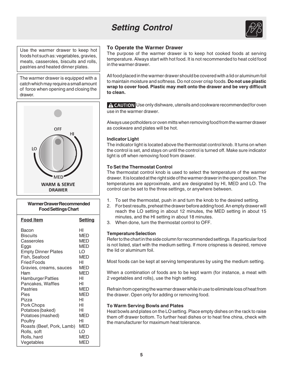 Setting control | Electrolux Warm & Serve Drawer User Manual | Page 5 / 8