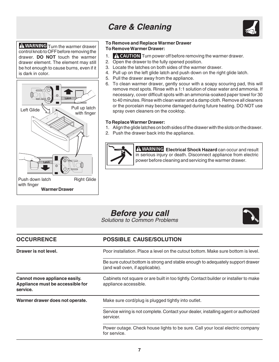 Care & cleaning, Before you call | Electrolux Warm & Serve Drawer User Manual | Page 7 / 8