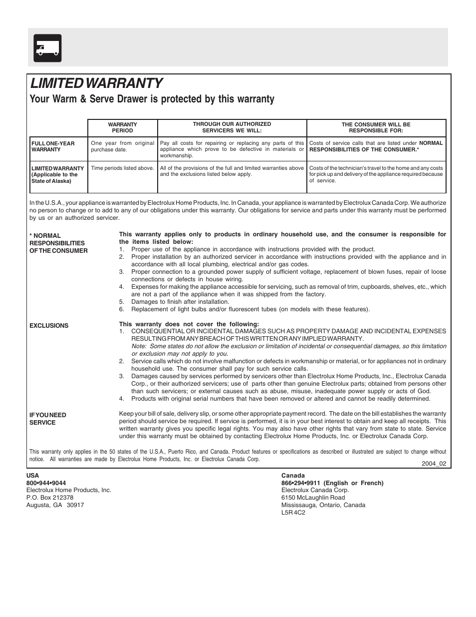 Limited warranty | Electrolux Warm & Serve Drawer User Manual | Page 8 / 8