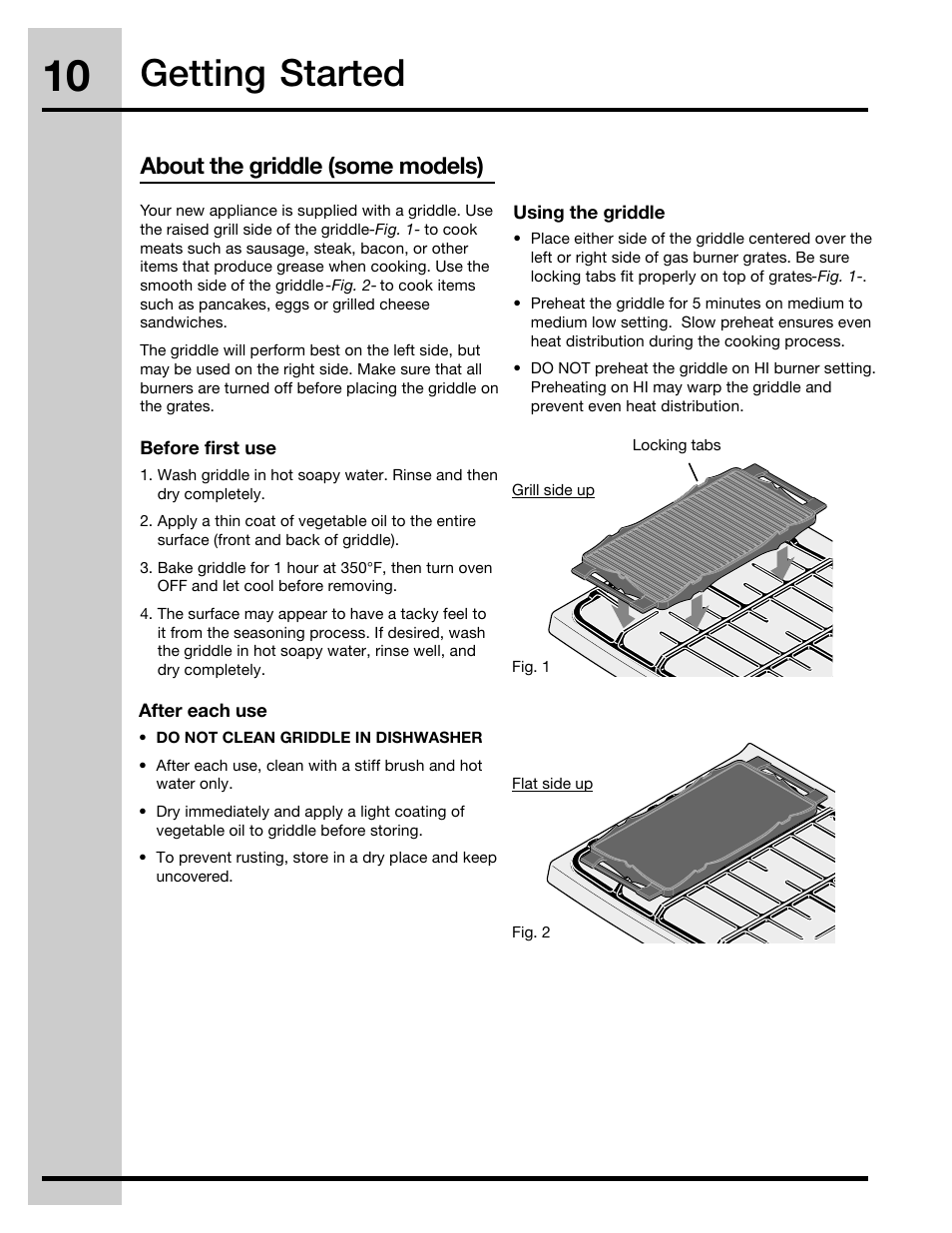 Getting started, About the griddle (some models) | Electrolux 316471400 User Manual | Page 10 / 56