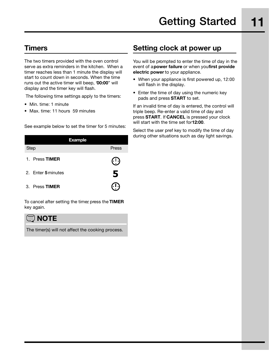 Getting started, Timers, Setting clock at power up | Electrolux 316471400 User Manual | Page 11 / 56