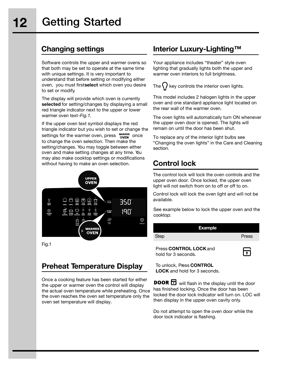 Getting started, Control lock interior luxury-lighting, Changing settings | Preheat temperature display | Electrolux 316471400 User Manual | Page 12 / 56