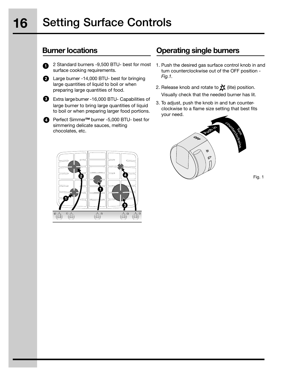 Setting surface controls, Operating single burners, Burner locations | Electrolux 316471400 User Manual | Page 16 / 56