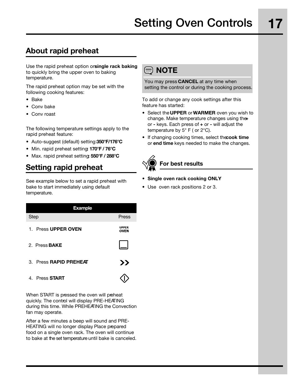 Setting oven controls, About rapid preheat | Electrolux 316471400 User Manual | Page 17 / 56