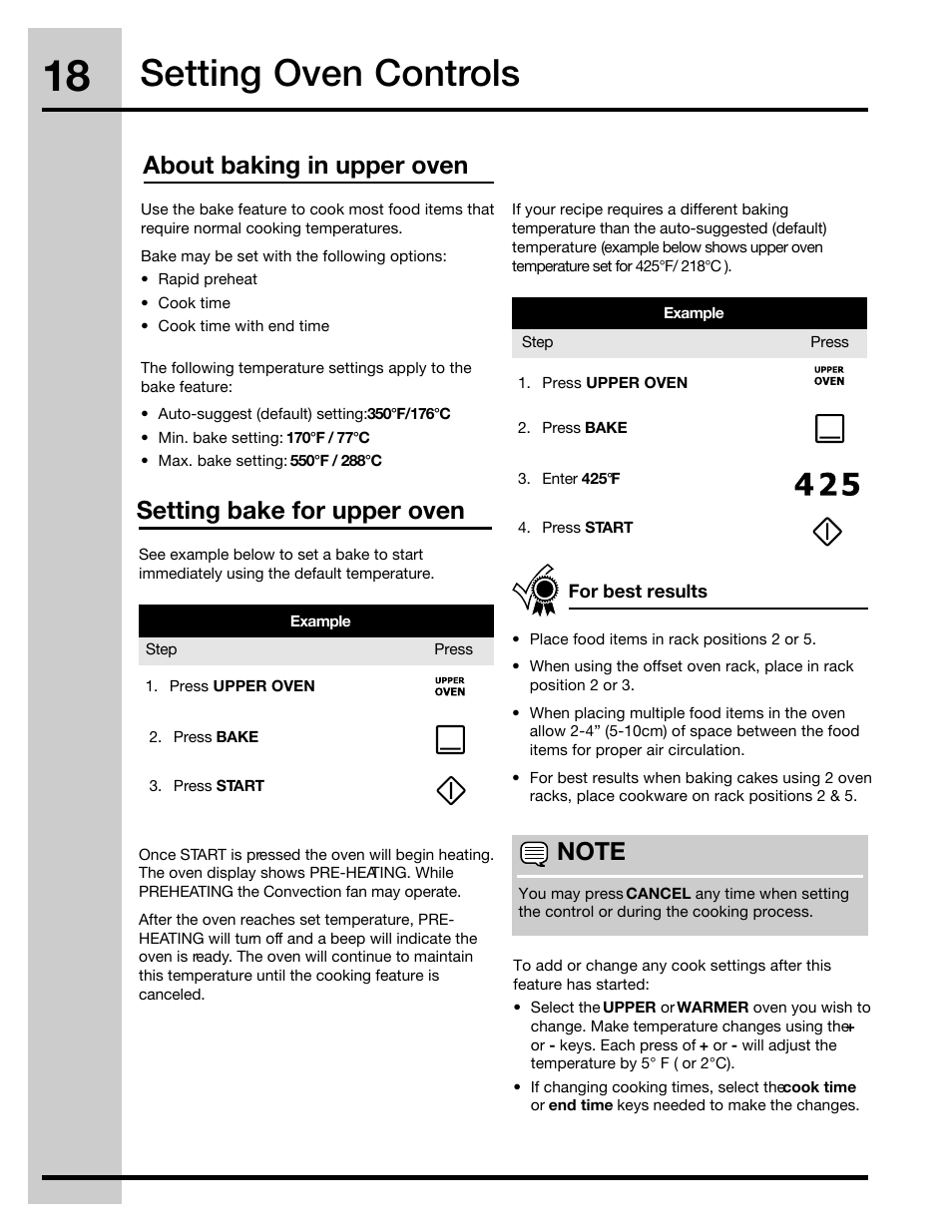 Setting oven controls, Setting bake for upper oven, About baking in upper oven | Electrolux 316471400 User Manual | Page 18 / 56