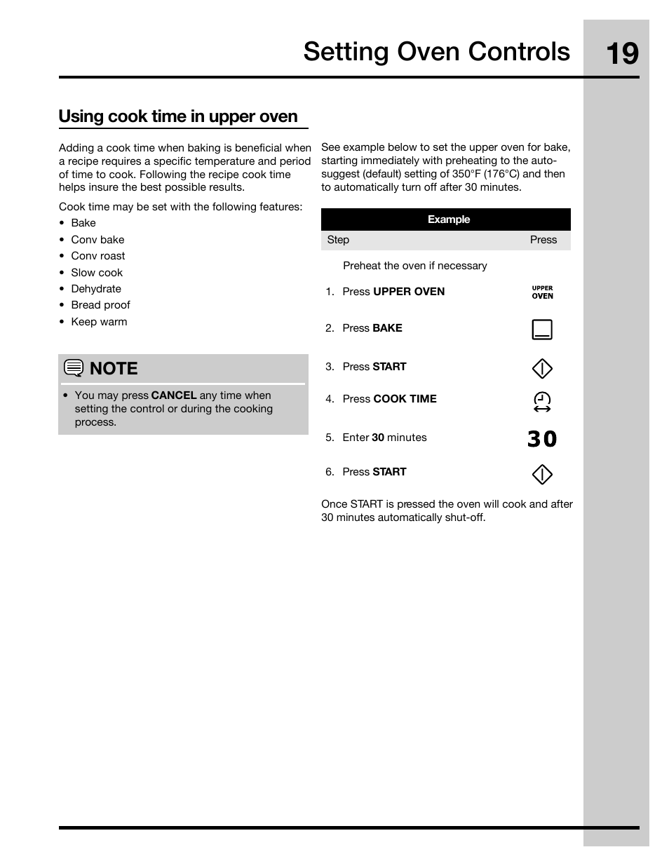 Setting oven controls, Using cook time in upper oven | Electrolux 316471400 User Manual | Page 19 / 56