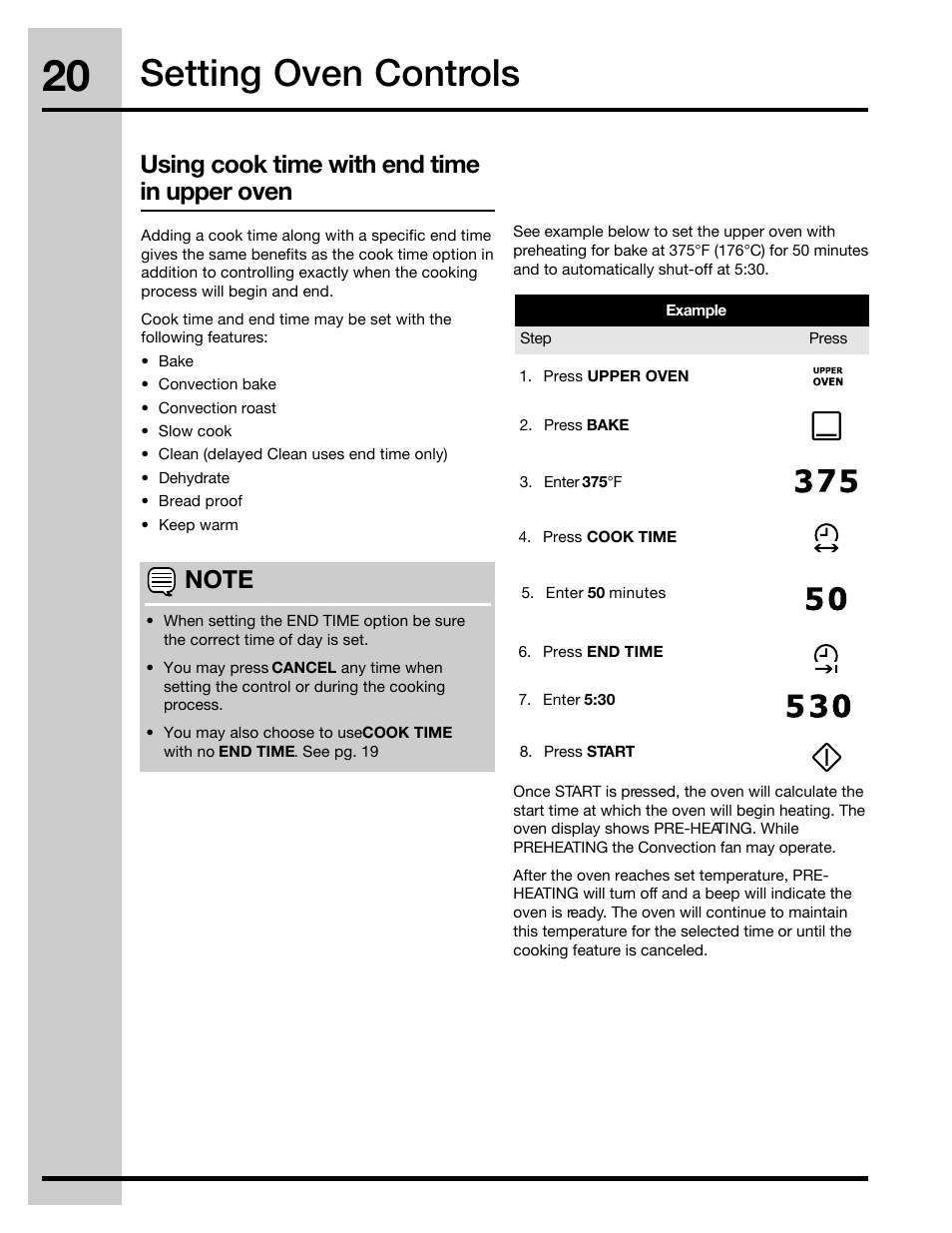 Setting oven controls, Using cook time with end time in upper oven | Electrolux 316471400 User Manual | Page 20 / 56