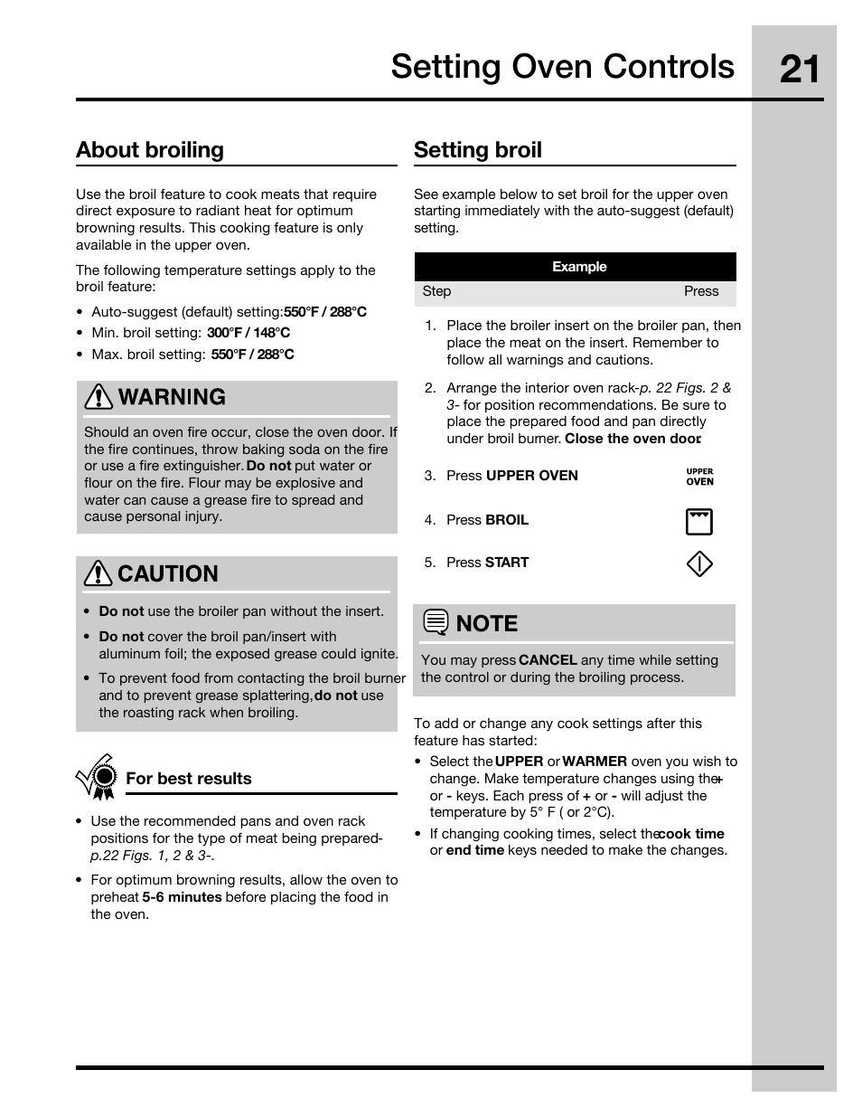 Setting oven controls, About broiling, Setting broil | Electrolux 316471400 User Manual | Page 21 / 56