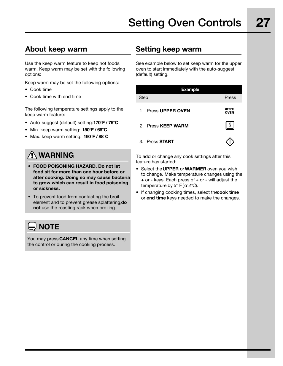 Setting oven controls, About keep warm setting keep warm | Electrolux 316471400 User Manual | Page 27 / 56