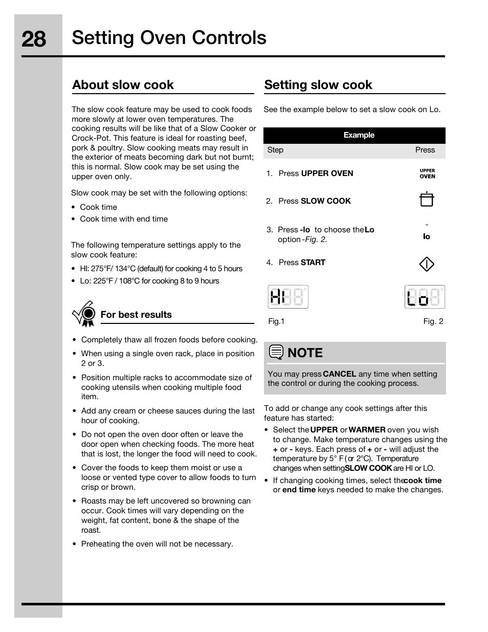 Setting oven controls, About slow cook setting slow cook | Electrolux 316471400 User Manual | Page 28 / 56