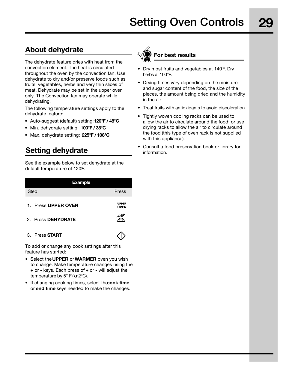 Setting oven controls, About dehydrate, Setting dehydrate | Electrolux 316471400 User Manual | Page 29 / 56