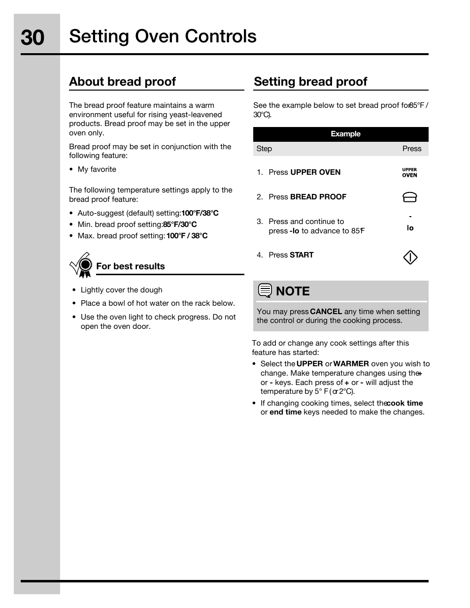 Setting oven controls, About bread proof setting bread proof | Electrolux 316471400 User Manual | Page 30 / 56