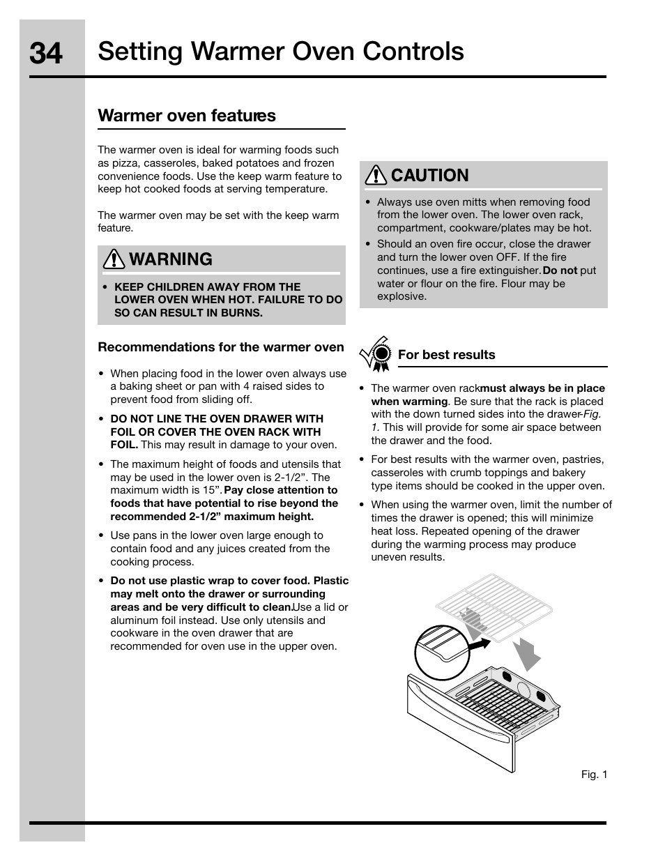 Setting warmer oven controls, Warmer oven features | Electrolux 316471400 User Manual | Page 34 / 56