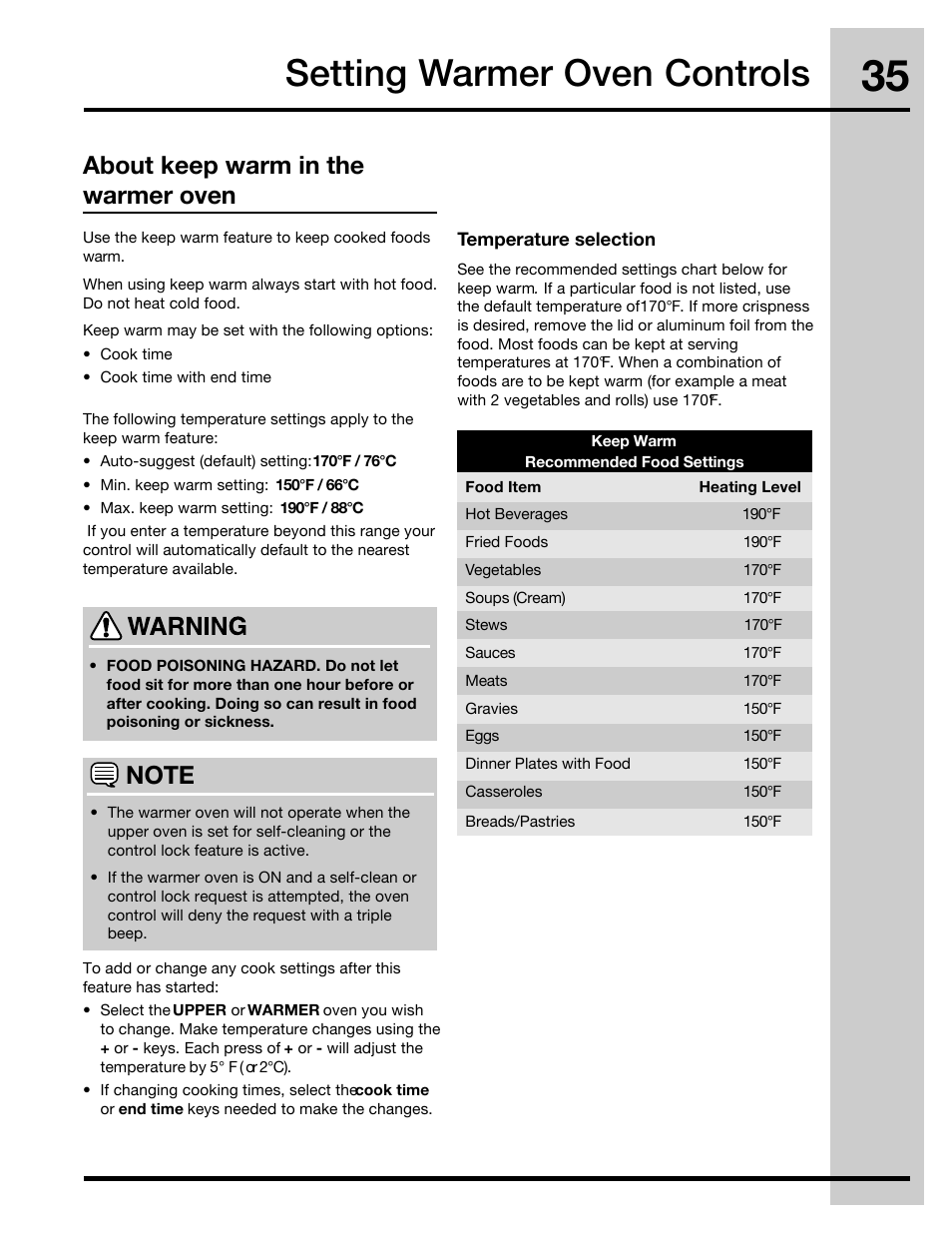 Setting warmer oven controls, About keep warm in the warmer oven | Electrolux 316471400 User Manual | Page 35 / 56