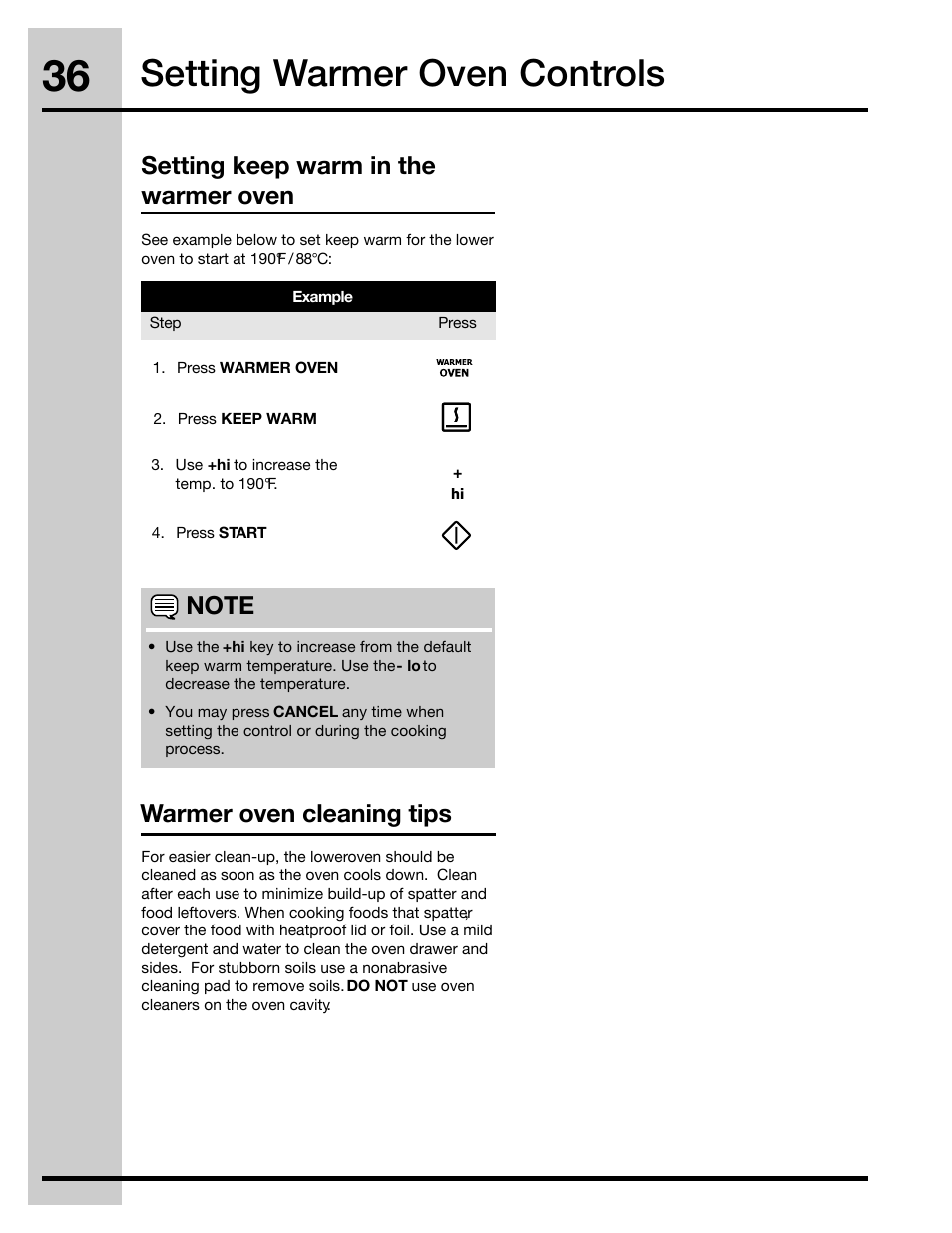 Setting warmer oven controls, Warmer oven cleaning tips | Electrolux 316471400 User Manual | Page 36 / 56