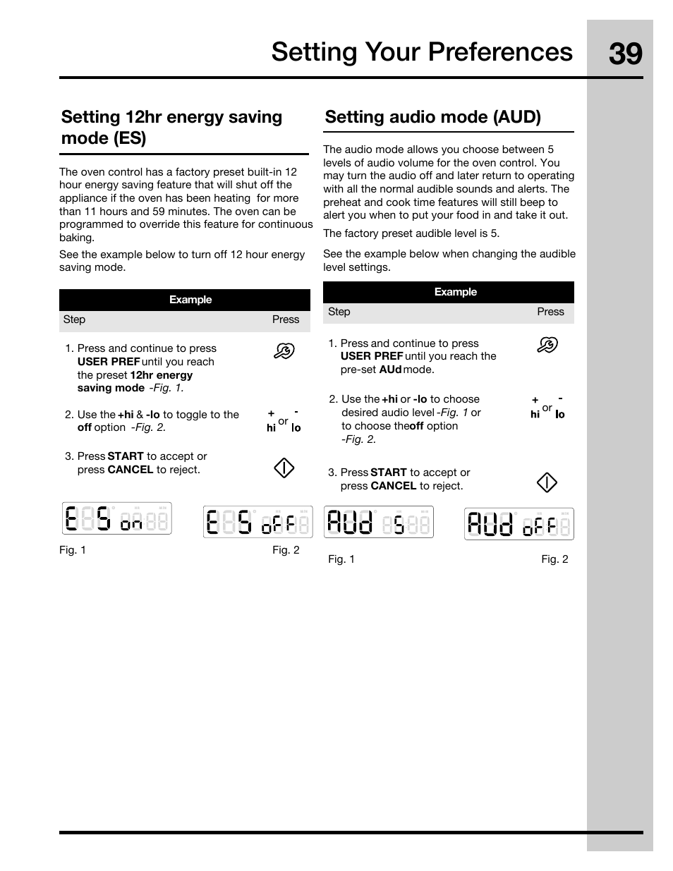 Setting your preferences, Setting 12hr energy saving mode (es), Setting audio mode (aud) | Electrolux 316471400 User Manual | Page 39 / 56