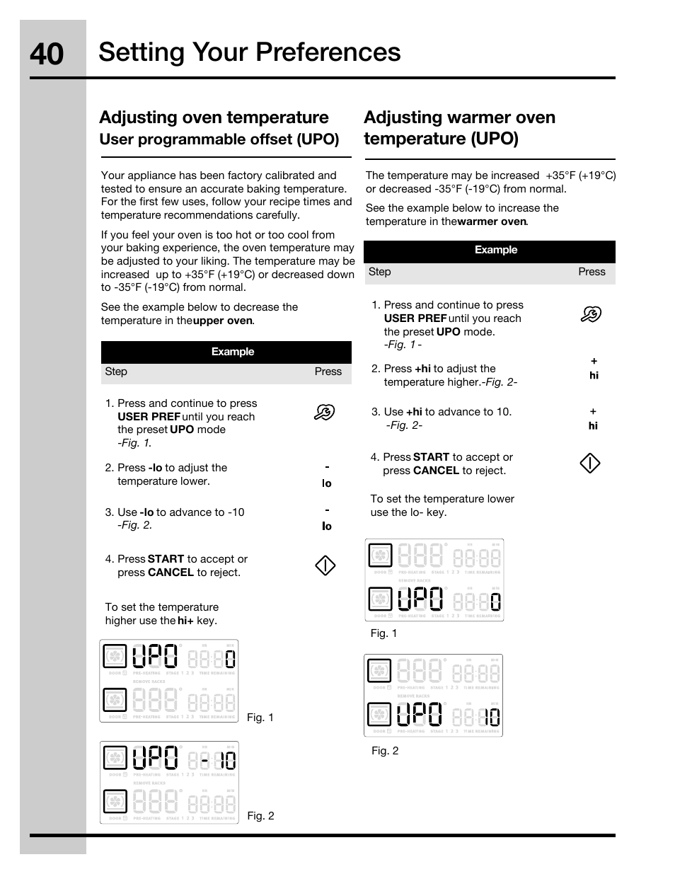 Setting your preferences, Adjusting oven temperature, Adjusting warmer oven temperature (upo) | User programmable offset (upo) | Electrolux 316471400 User Manual | Page 40 / 56