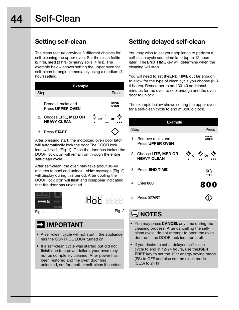 Self-clean, Setting self-clean, Setting delayed self-clean | Important | Electrolux 316471400 User Manual | Page 44 / 56