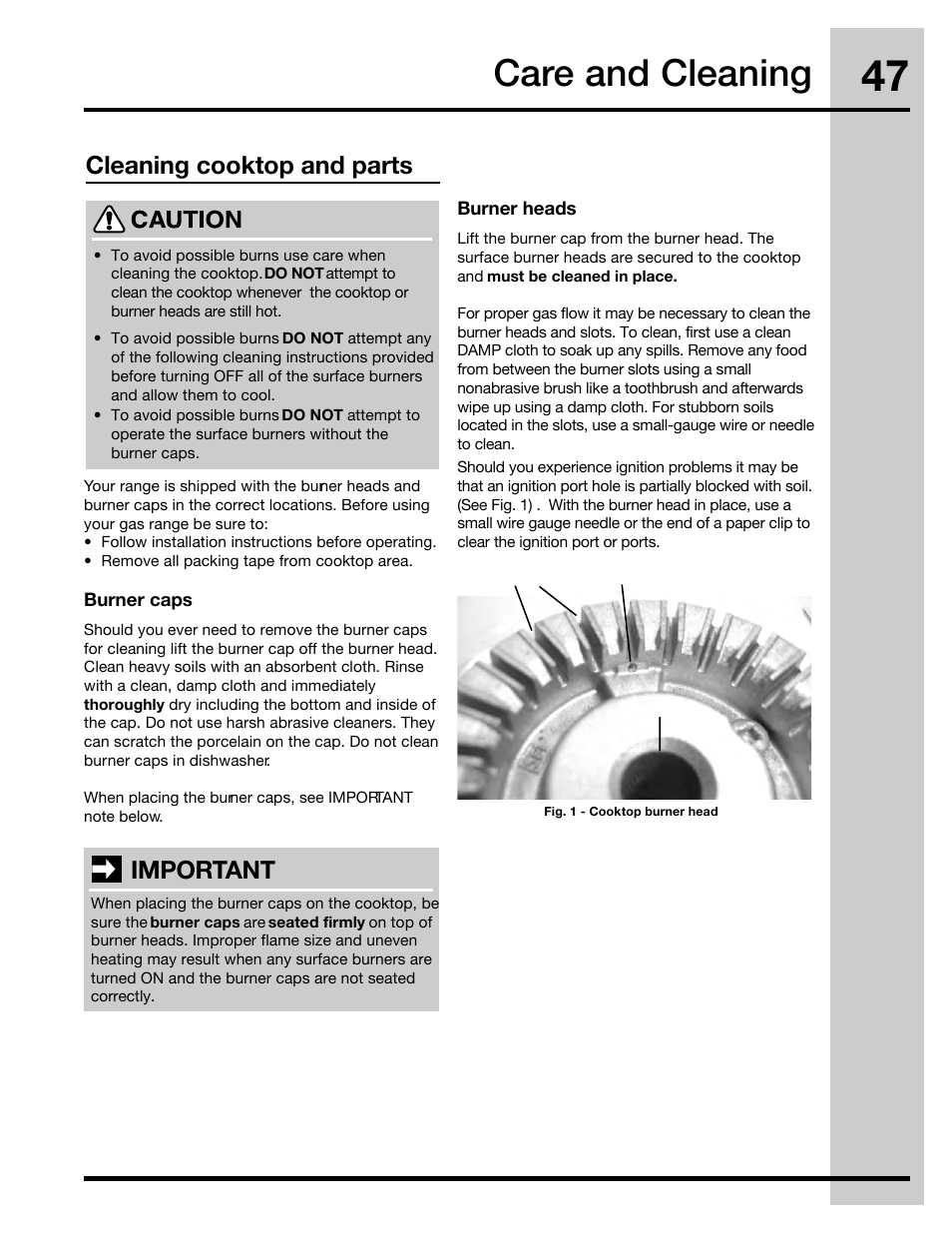 Care and cleaning, Cleaning cooktop and parts, Important | Electrolux 316471400 User Manual | Page 47 / 56